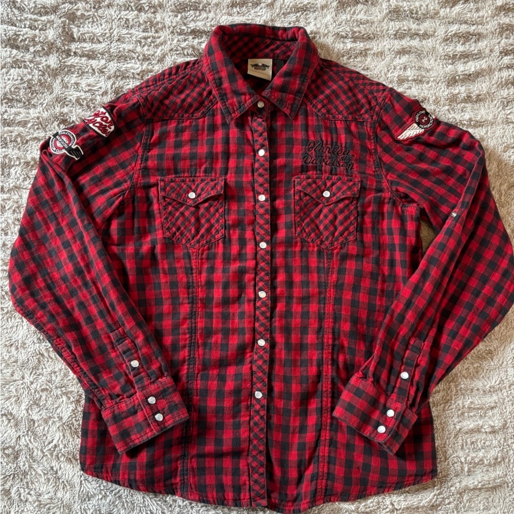 Harley Davidson Women’s Plaid Button Down Shirt L Red Black Patch Logo 2012 - Picture 3 of 14